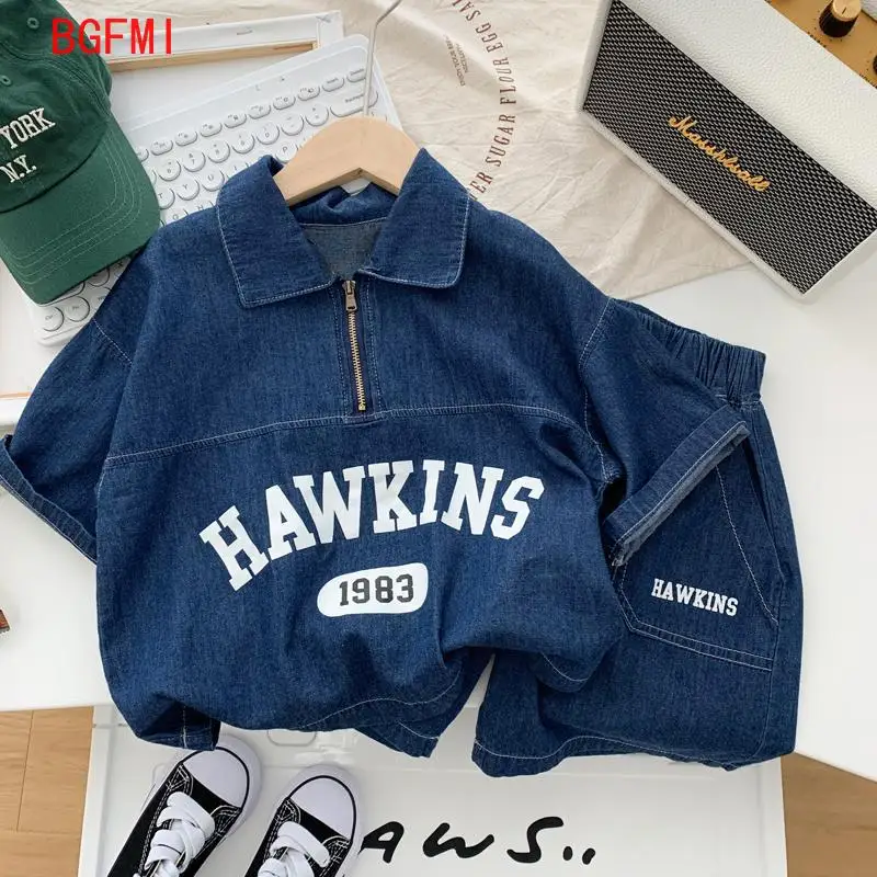 Boys Cotton Summer Suit 2026 New Baby Fashion Print Clothes Children Korean Handsome Short-sleeved Shirt + Denim Shorts 2pcs Set