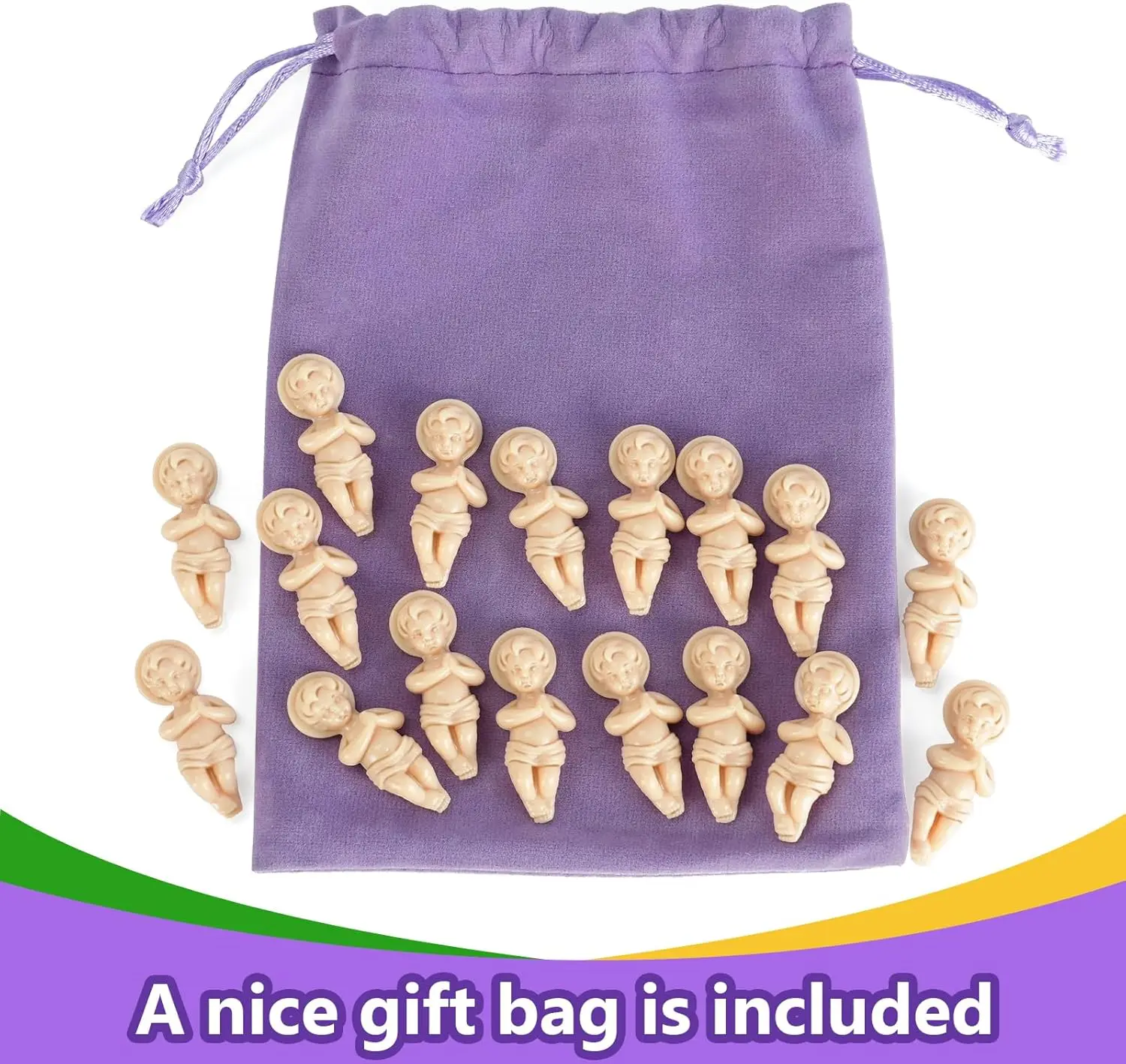 King Cake Baby Jesus Figur 1,5" Baby Jesus Figuren mit Geschenktüte Karneval Party Kuchen Topper Dekorationen Osterei Stuffer – Detail 4