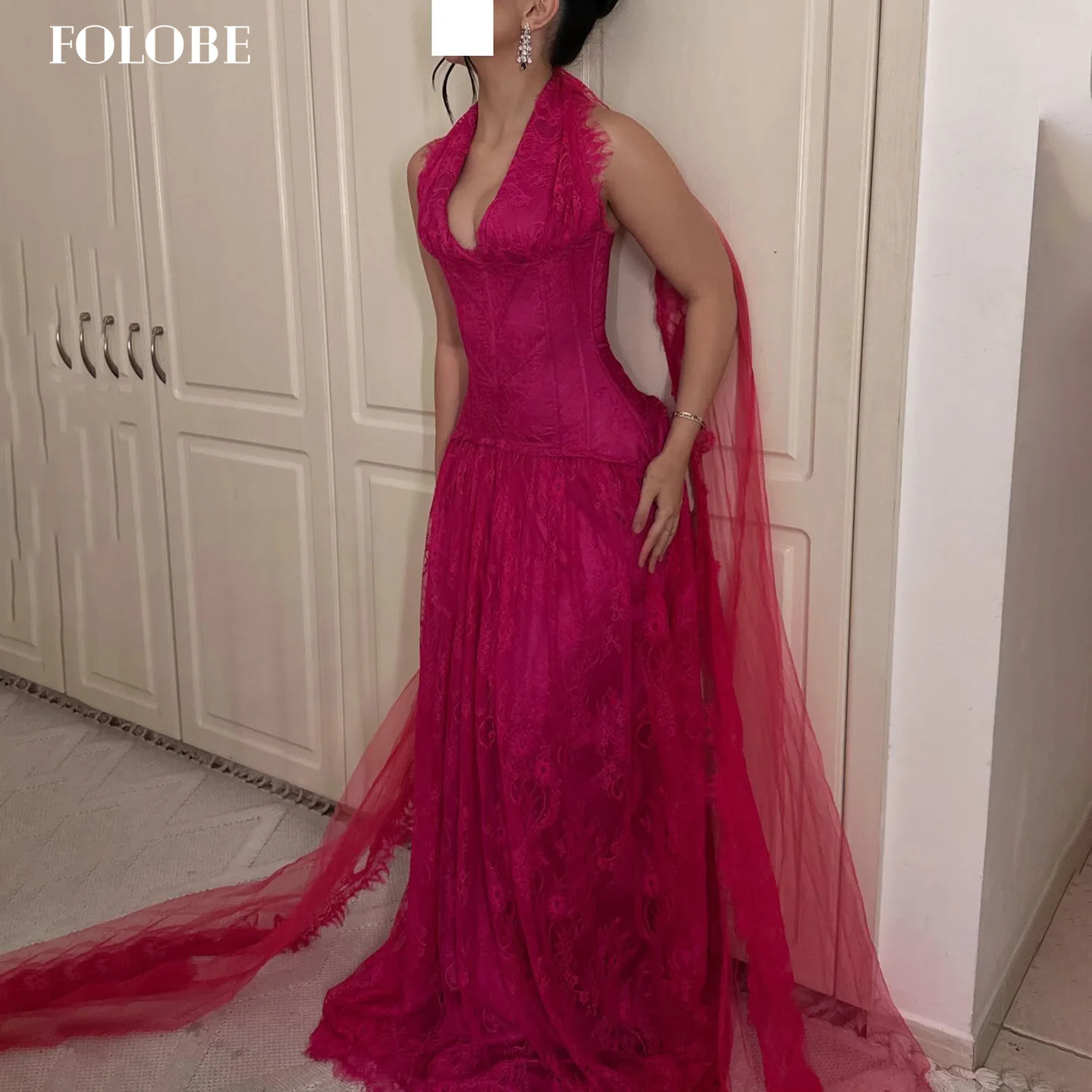 FOLOBE V-Neck Fuchsia Wedding Dress Lace Mermaid Elegant Scarf Sleeveless Bride Woman Wedding Dresses Customized