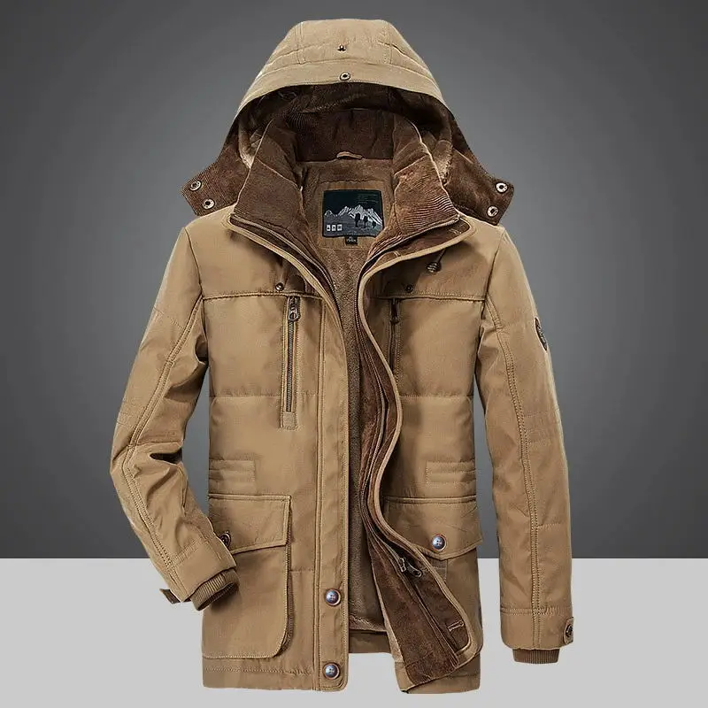 Men's Winter Jacket Parka Plus Velvet Thick Multi Pocket Jackets Solid Parkas Male Plus Size Windproof Fleece Warm Thick Coats