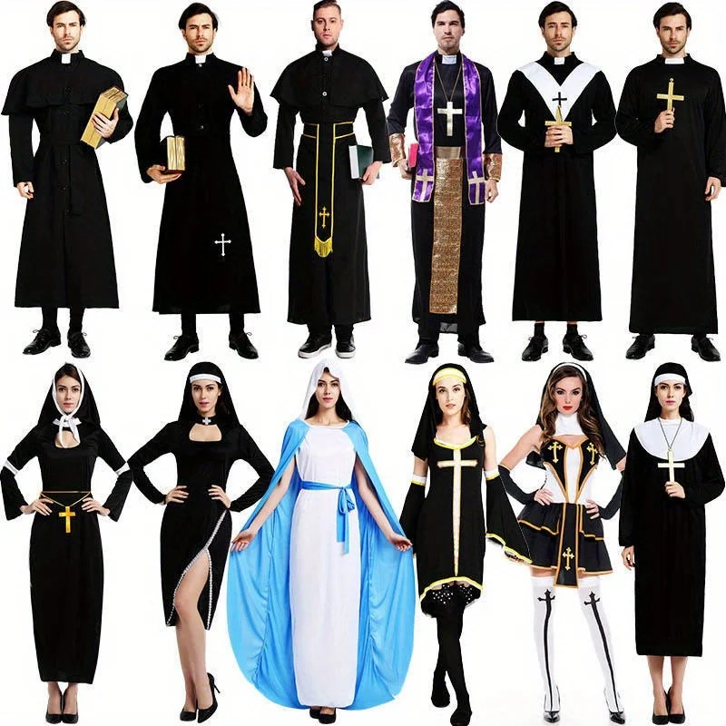Halloween cosplay essencial jesus traje masculino missionário sacerdote traje pai maria freira traje com elementos cruzados adicionados