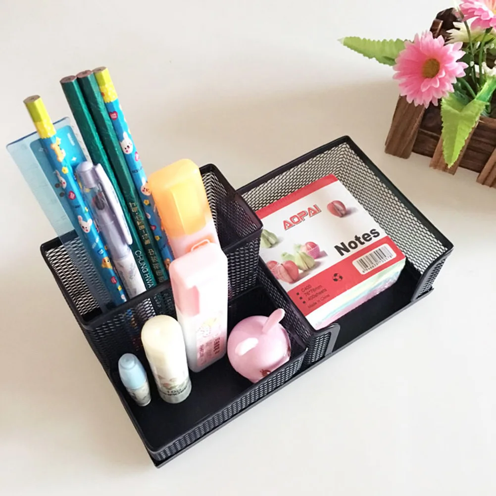 

3-in-1 Deask Storage Box Multifunctional Square-shaped Metal Mesh Pen Holder Pen Pencil Container (Black)
