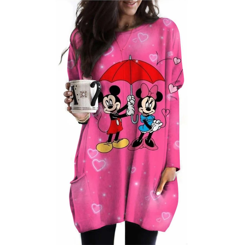 Christmas women's long sleeved T-shirt cartoon Disney Mickey Mouse round neck pocket dress autumn and winter casual loose women'