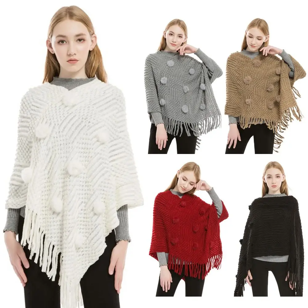 

Новая теплая шаль из искусственного кашемира с шариком из кроличьего меха, женская накидка больших размеров, однотонный плащ с запахом