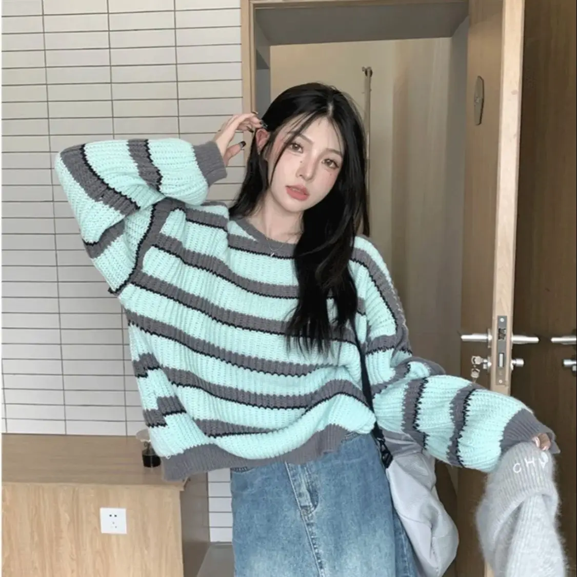 Knitting Striped Lace-Up Winter Women Pullovers Spell Color Casual Loose Slim Fashion Office Ladies O-Neck Bandage Chic Pullover