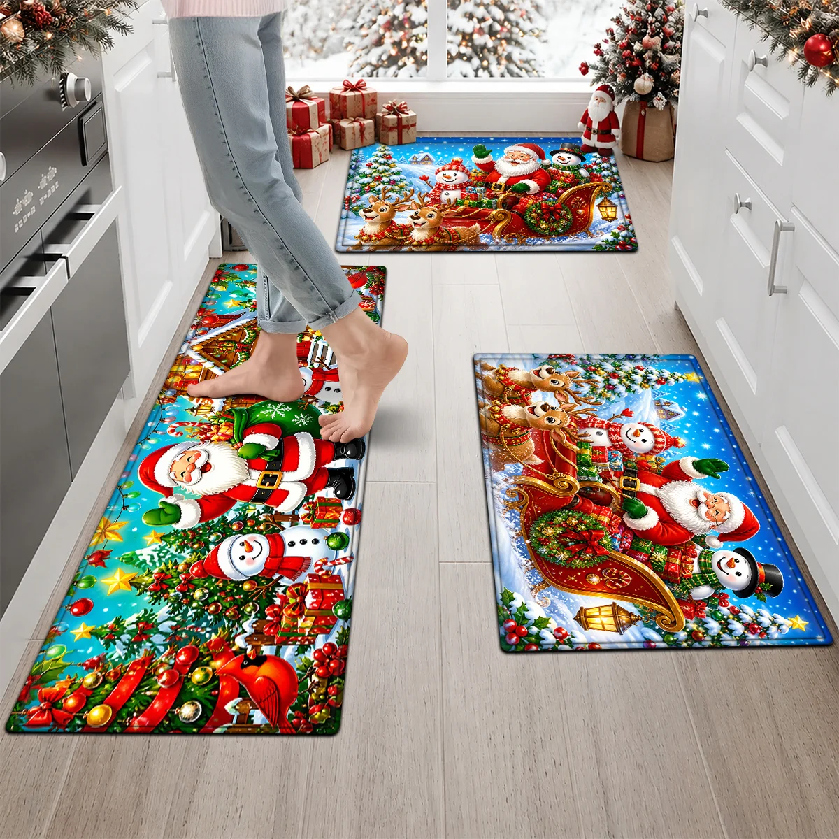 Christmas Kitchen Rugs Set Snowman Santa Xmas Print Non Slip Mat 1/2/3Pcs Options Washable Holiday Home Floor Decor