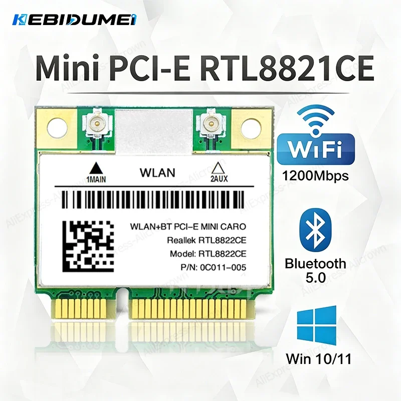 KEBIDUMEI Wireless Mini Pcie RTL8822CE Network Card Wifi 5 Bluetooth 5.0 Adapter Dual Band 5G/2.4Ghz Card For 802.11ac Win 10/11