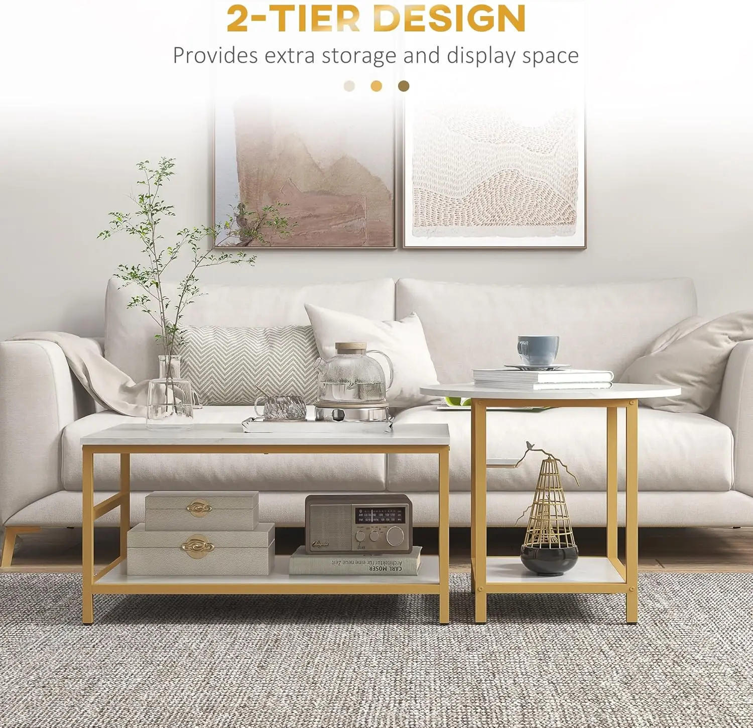 Homcom-Mesas de Café com Prateleiras De Armazenamento, Top De Mármore Falso, Steel Frame, 2-Rier Retângulo e Mesa de Café Redonda, Conjunto de 2