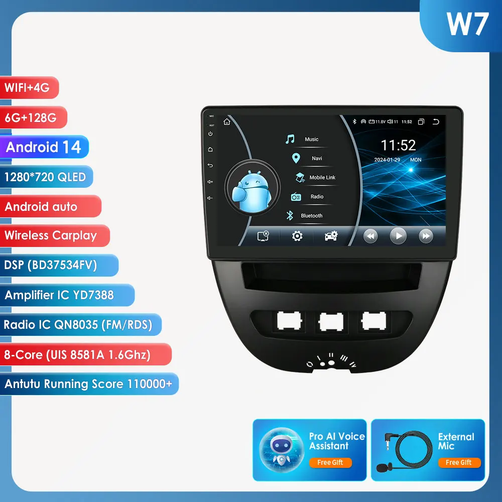 Hizpo Autoradio voor Peugeot 107 2005-2014 Citroen C1 Toyota Aygo Audio Multimedia Speler CarPlay Android Auto GPS WIFI Autoradio