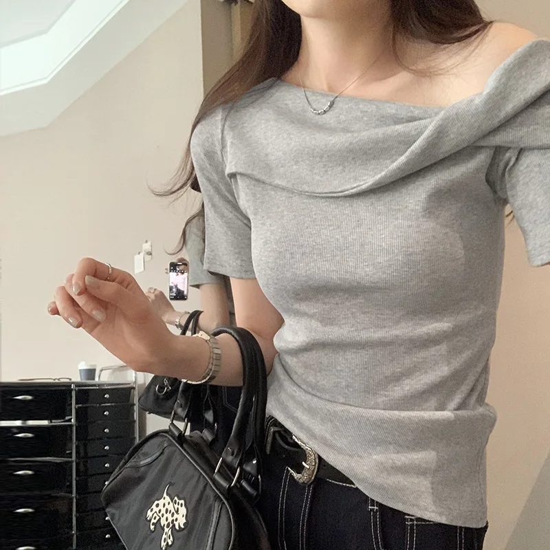 

Off Shoulder T-Shirt Red Oversize Womens Spring Aesthetic Mesh Stitching Party Sweet Slender Asymmetric Petite Pure Breathable