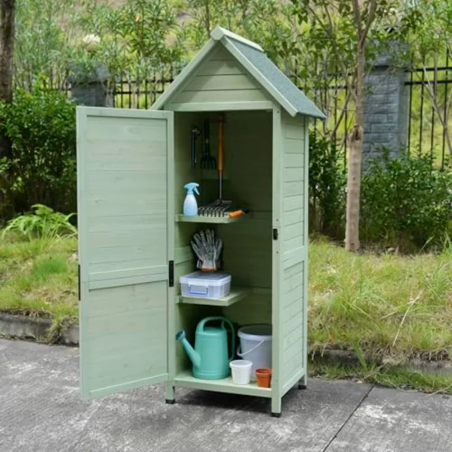 Outdoor Wooden Garden Storage Shed in Green: Weatherproof Vertical Tool Cabinet with Asphalt Roof, Lockable Door, 3 Fixed Shelv