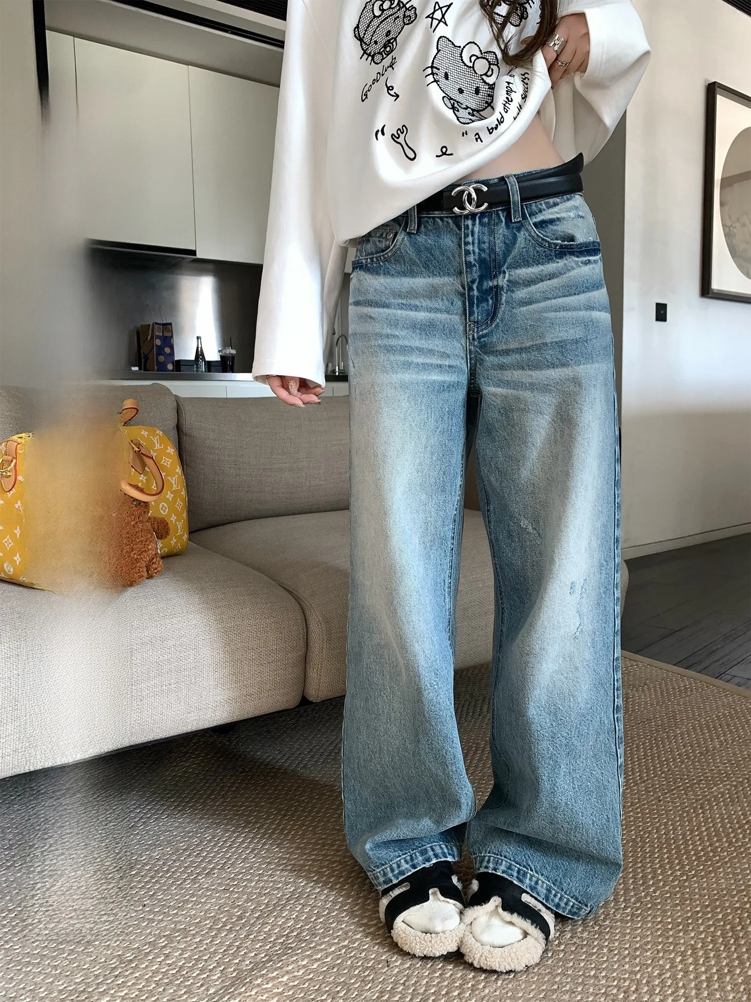 

Винтажные синие рваные джинсы с высокой талией, зауженные, с широкими штанинами, женские, модные, универсальные, в пол, для ранней весны