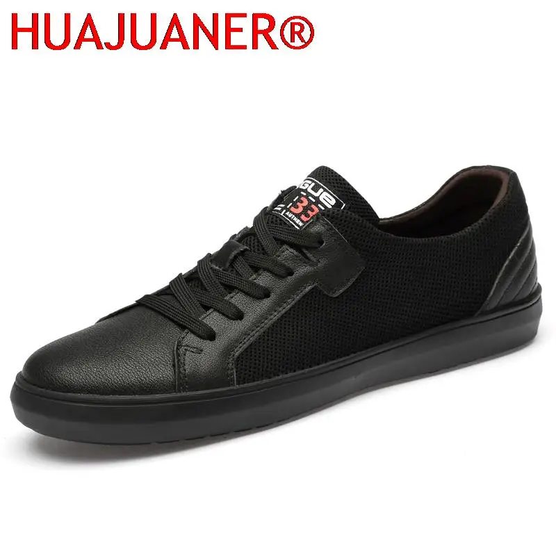 

Genuine Leather Sneakers Men Casual Shoes High Quality Mesh Breathable Footwear Handmade Lace-up Antiskid Summer Black Sneakers