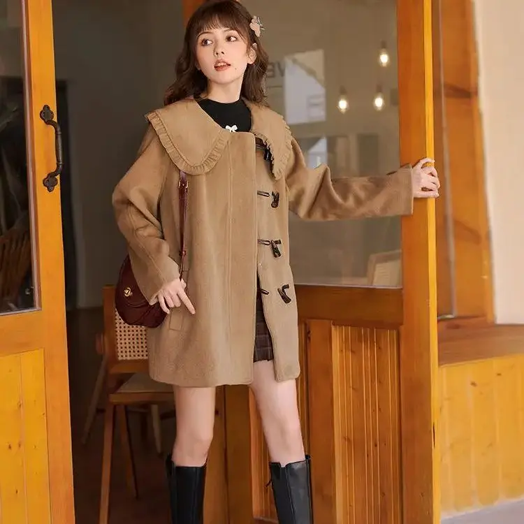 

Woolen Coat Horn Button Doll Collar Design Women'S Autumn And Winter 2024 New Style Medium And Long Style Woolen Coat