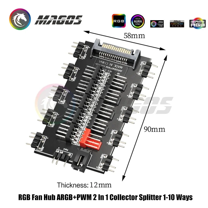 RGB 팬 허브 ARGB + PWM 2 in 1 분배기, 1-10 방식 컬렉터 지원 MB 5V 3핀 AURA SYNC, 컴퓨터 케이스 LED RGB 스트립 및 팬용