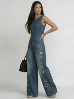 Bonboho Women's Sleeveless Round Neck Eyelet Wide Leg Denim Jumpsuit Casual Streetwear Jumpsuit for Festival & Party Outfits - Image 3