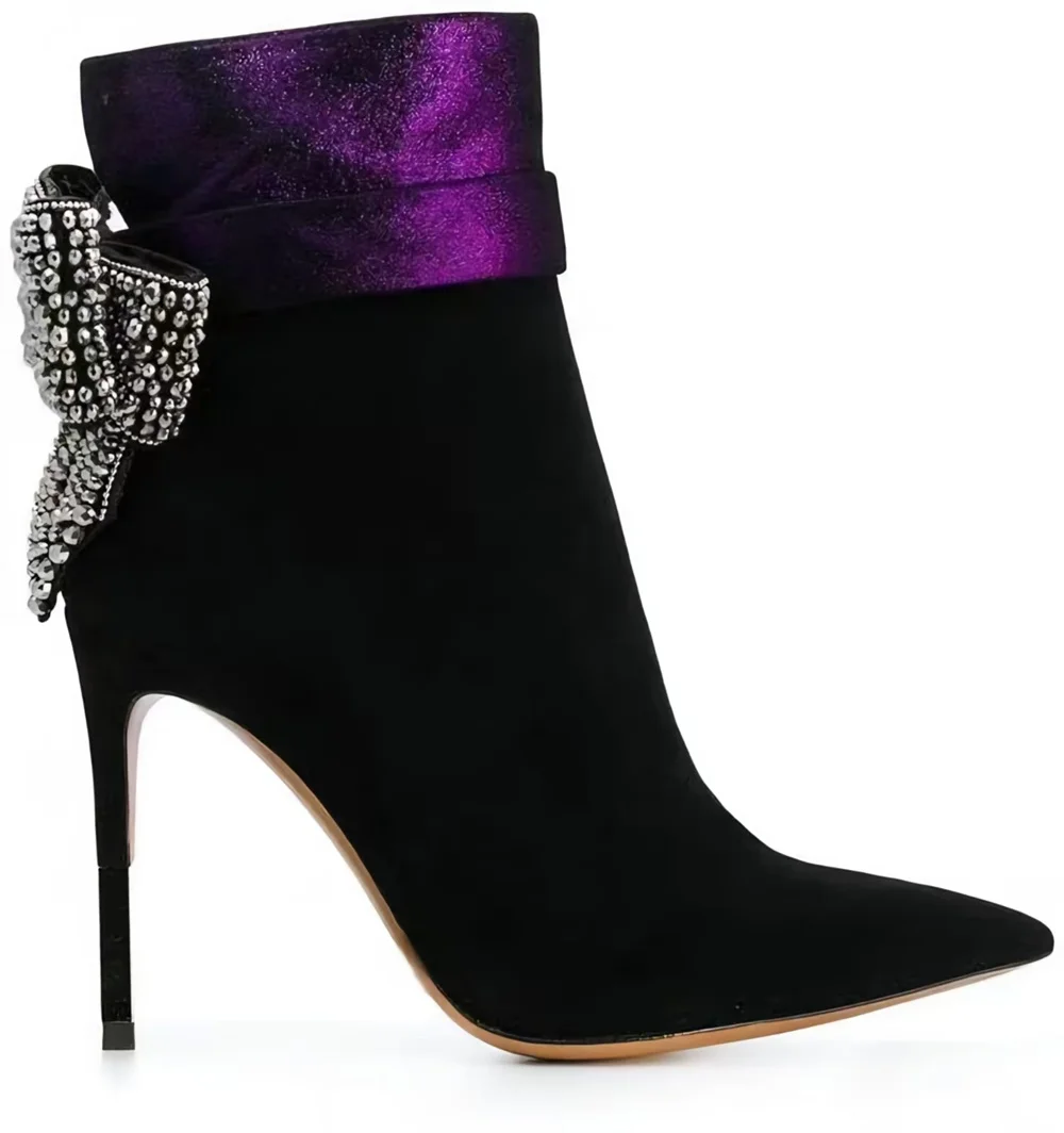 

Lady Winter Black Suede Pointed-Toe Ankle Boots Purple Stain Patchwork Shoe Cuff Crystal-Embellished Bow Detail Stiletto Boots