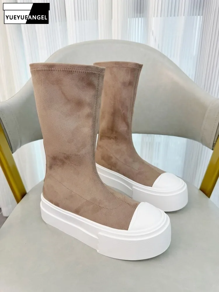 

New Designer Women High Top Faux Suede Leather Boots Round Toe Thick Platform Modern Shoes Lightweight Comfortable Casual Boots