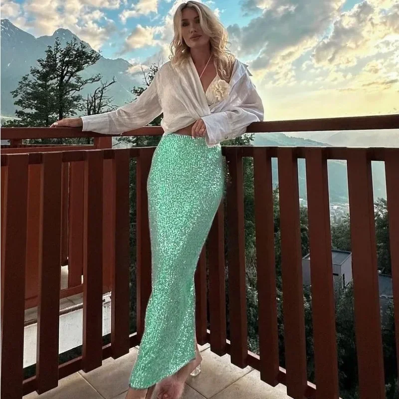 Imagem -03 - Monocromático Sequin Back Split Casual Saia Longa Cintura Alta Envoltório Hip Maxi Reto Streetwear de Festa Brilhante Y2k 2023 Outono