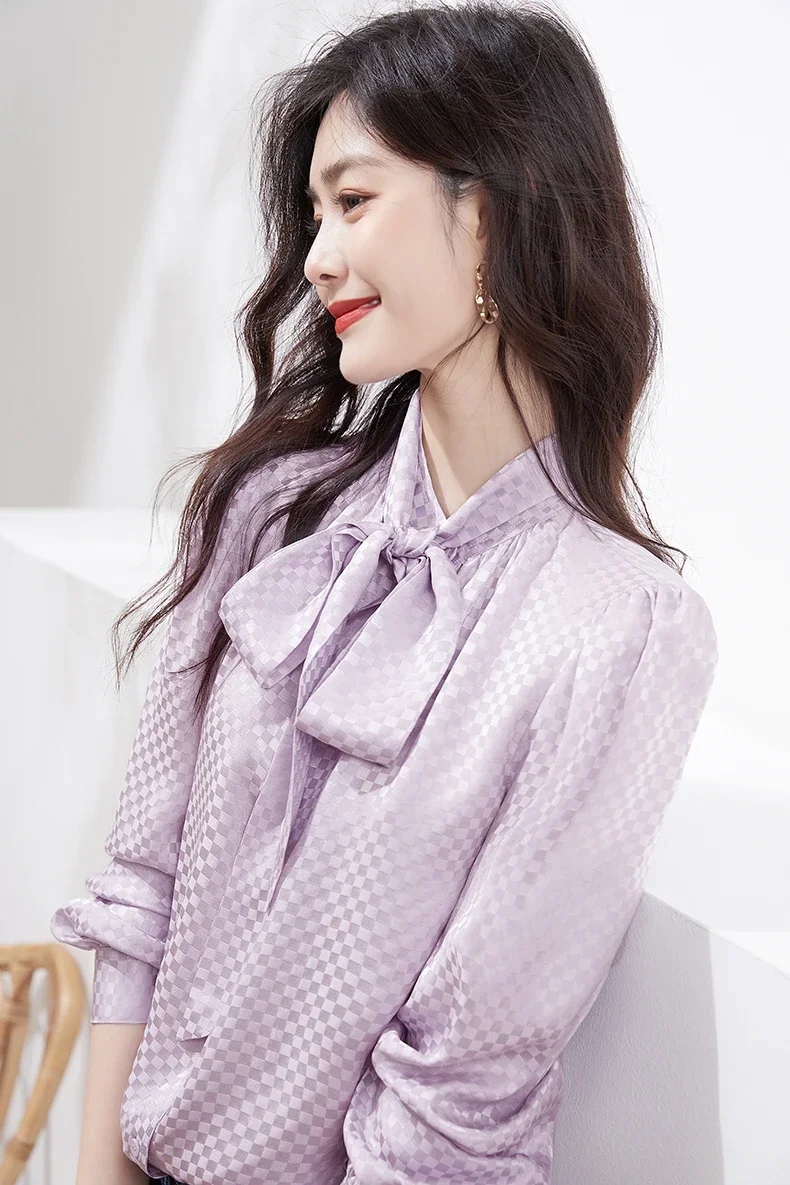 High End Brand Purple Heavyweight Silk Shirt, Spring And Summer New Ribbon Jacquard Mulberry Silk Shirt, Women's Long Sleeved To