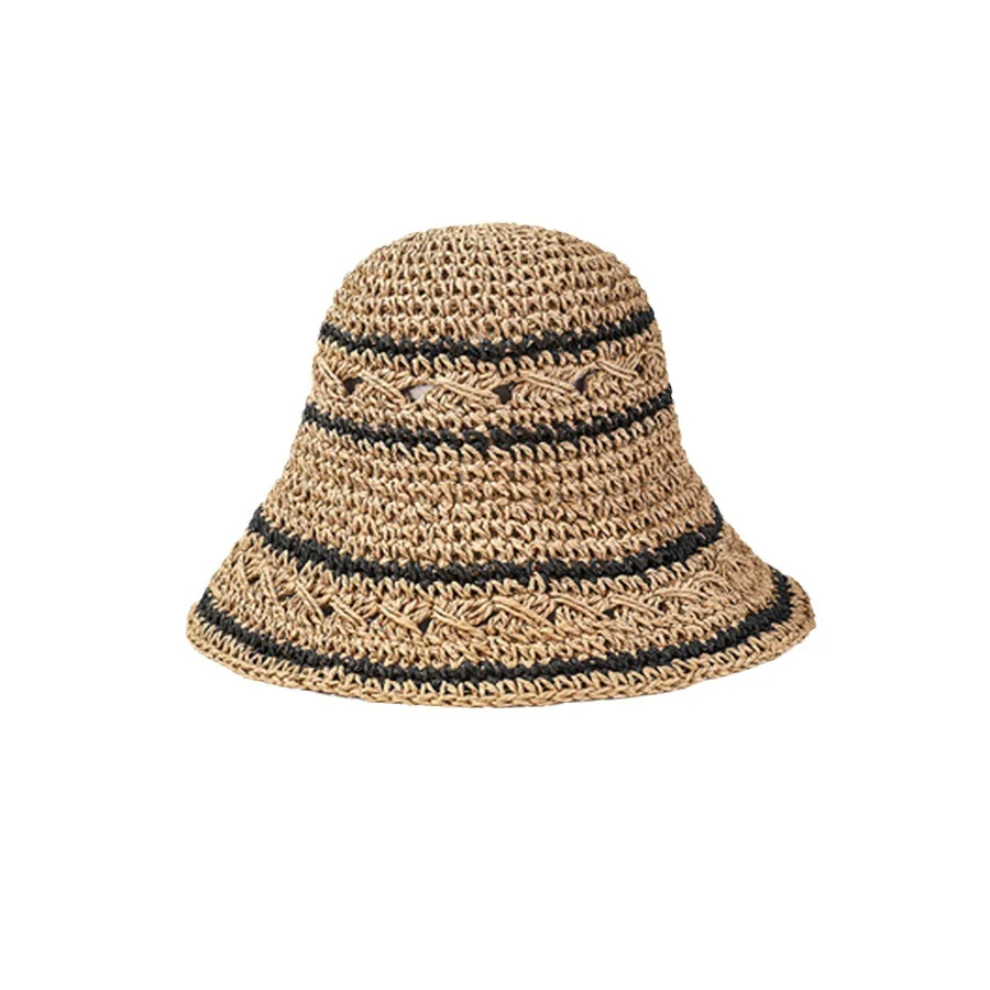 Women's Straw Sun Hat Classic Flat Beach Hat Summer Sun Protection Hat Wide Brim Panama Hats Handmade Striped Sunshade Hollow