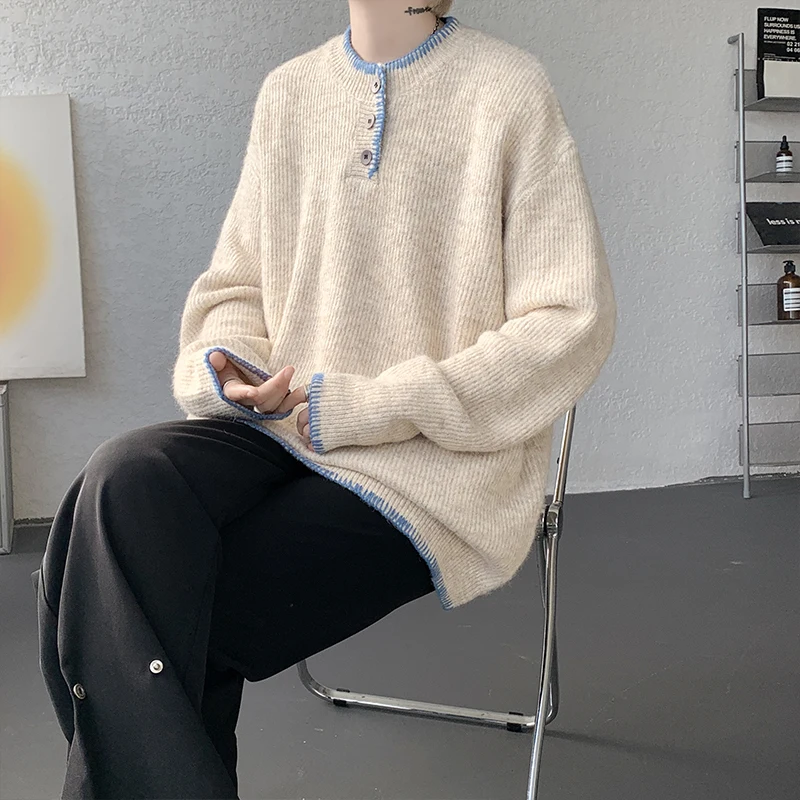 الشتاء الأخضر سترة الرجال الدافئة الأسود بلوفر مغزول الرجال الشارع الشهير الكورية فضفاضة طويلة الأكمام سترة رجالي البلوز الملابس #5