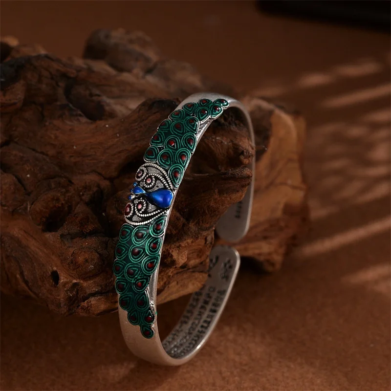 Luxury Enamel Colored Peacock Bracelet For Lady Hand Accessories Vintage Prajnaparamita Heart Sutra Bracelet Women Jewelry Open