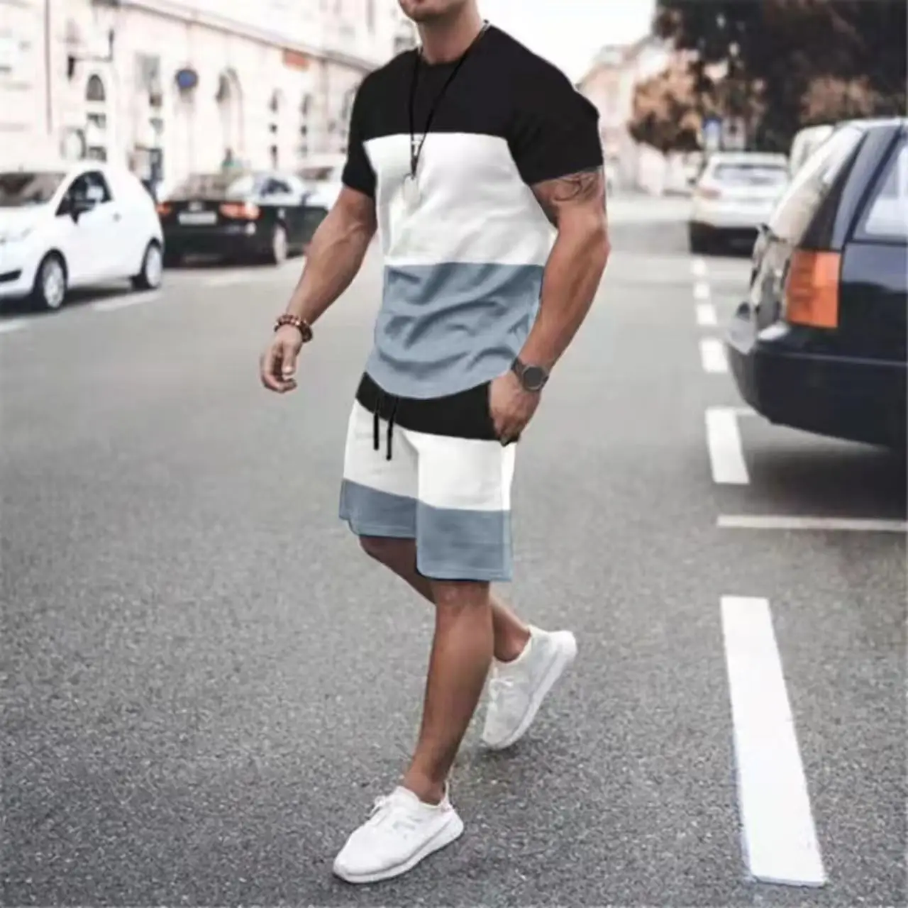 Men\'s Tshirt Set 3D Print Splicing Fringe Men Woman Summer Beach Round Neck T-Shirt Shorts Two Piece Set Casual Suits Clothing