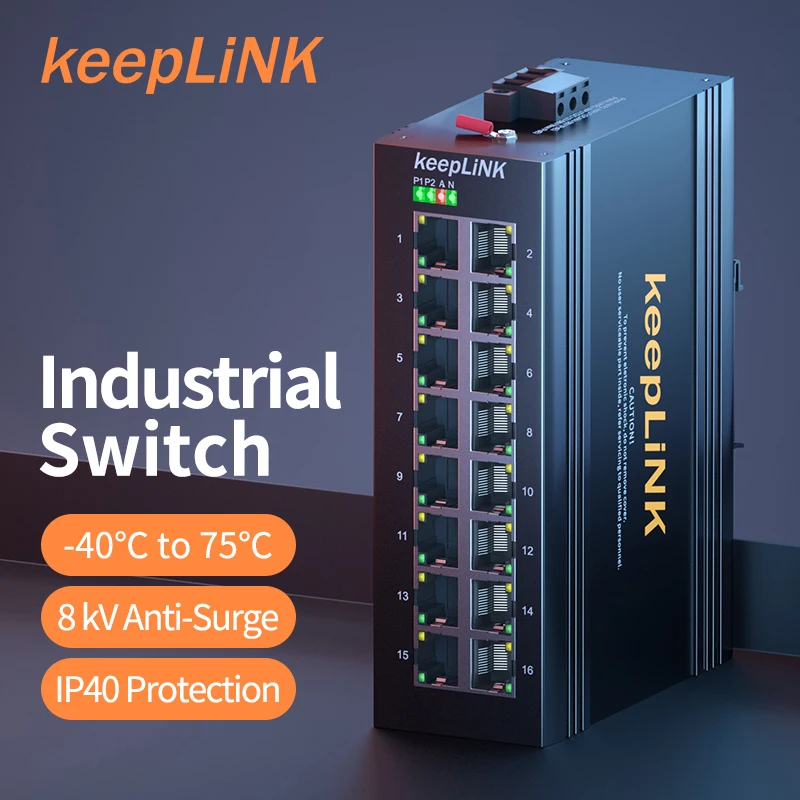 KeepLiNk Industrial 16-Port Megabit DIN-Rail Ethernet Switch