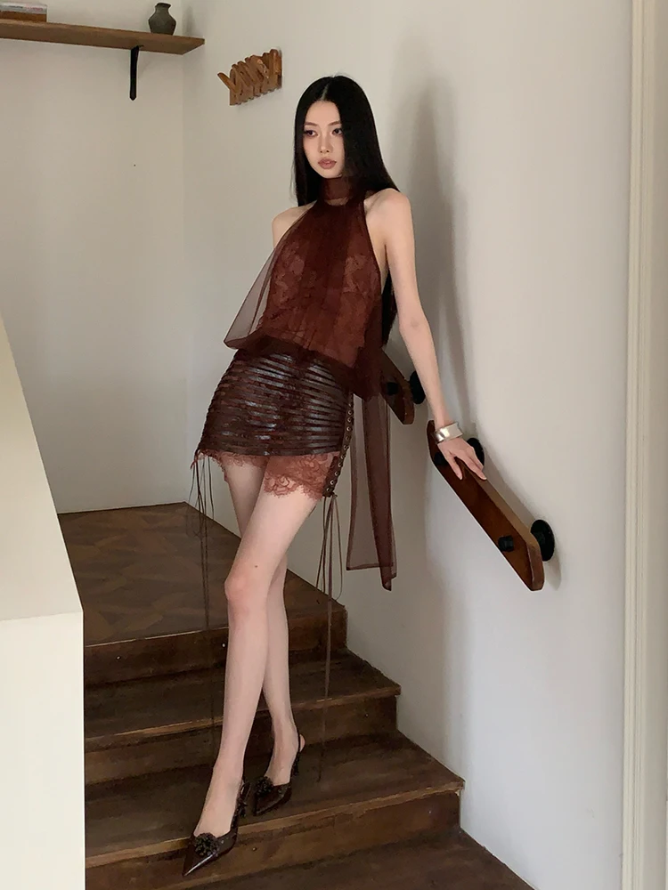 ReddaChic Tulle Layered Halter Top Skirt Women Matching Set Hotties Bandage Mini Bodycon Hollow Bodysuit Festival Night Clubwear