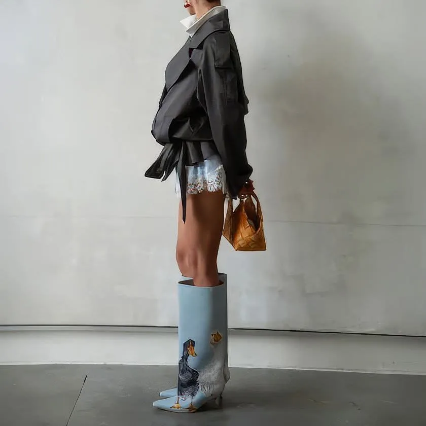 Women Artistic Bird Print Knee High Boots Pointed Toe Thin Heel Pull On Light Blue Fall Winter Statement Fashion Dressy Shoes 43