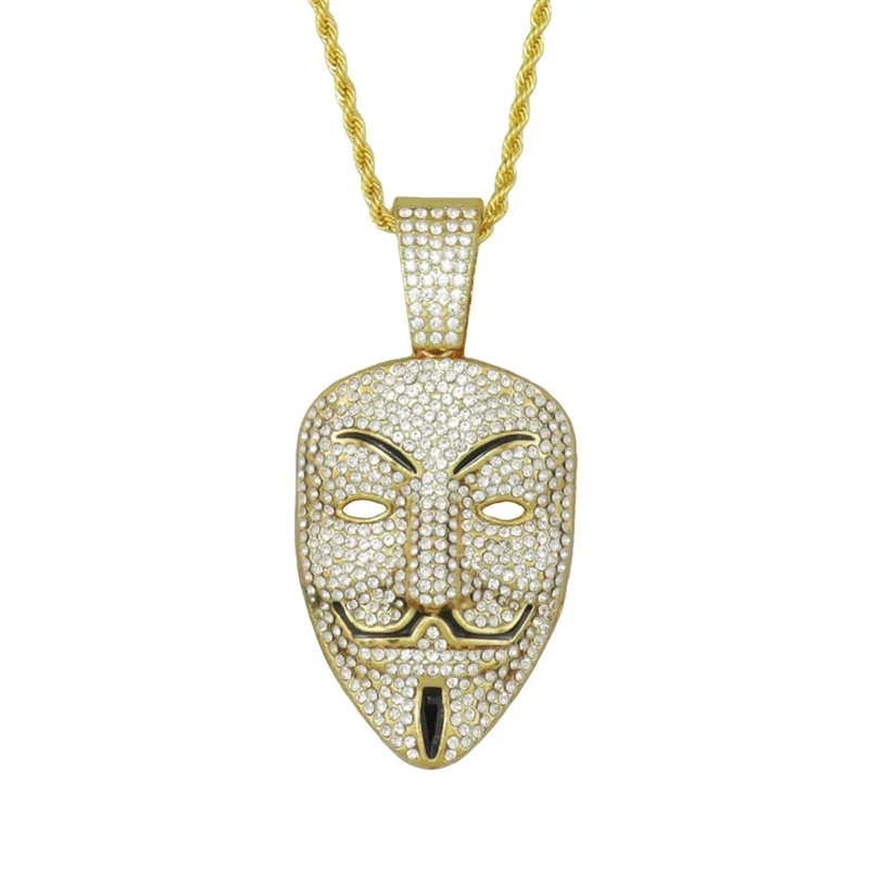 Hiphop V For Vendetta Anonymous Mask Pendant With 13mm Cuban Chain Necklace For Men Women V Mask Choker Fashion Jewelry