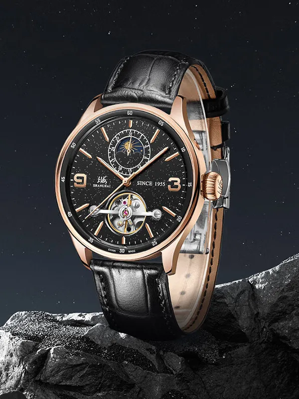 Shanghai Watch Men's National Series Sun, Moon and Stars Pendulum Gold Stone Mechanical Watch view 4