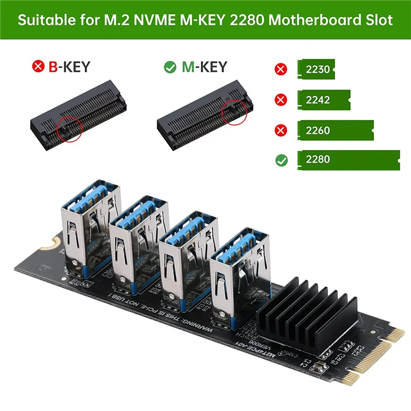 T88C M.2 NVME KEY-M do 4 portów PCI-E 1X USB 3.0 Riser Card, M.2 B-Key PCI-E Adapter Card for BTC Miner Mining