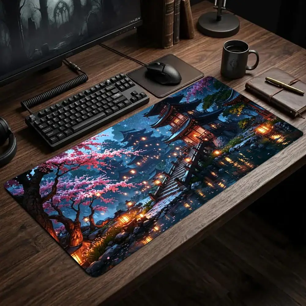 Night View Pavilions Cherry Blossoms Mouse Pad Large Gaming Mats Setup Playmat Office Desk Accessories Carpet Rug Desk Mat
