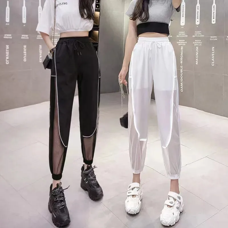 Summer Casual Pants Women 2023 New Thin Fashion Loose Mesh Legs Nine-Point Trousers High-Waist Bundle Foot Harem Pants Female