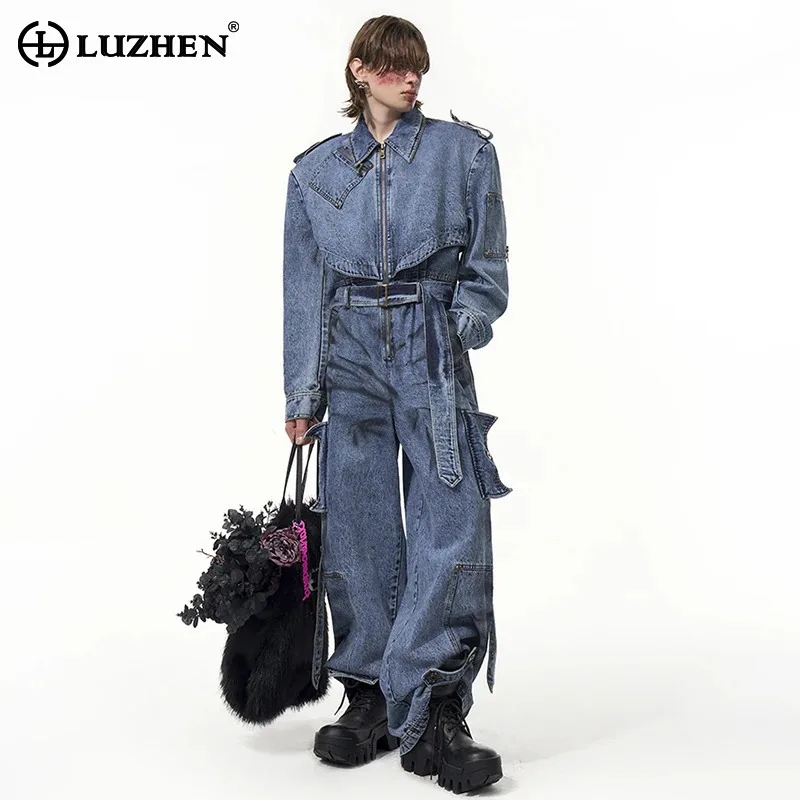 LUZHEN 2025 Original Tie-dyed Design Personalized Denim Jumpsuits Men's Fashion High Street Loose Belt Tight Waist Coat LZ9471