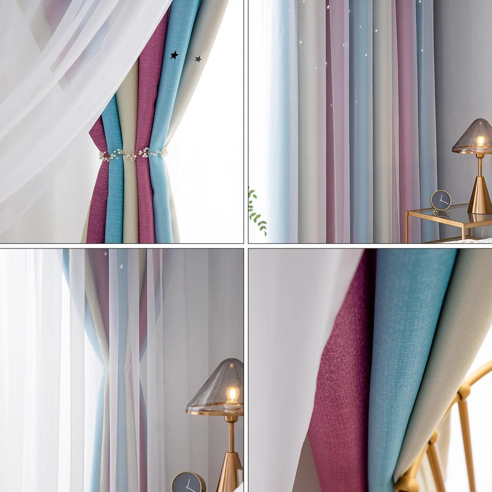 

2pcs Gradient Double-Layer Blackout Curtains Sunshade Window Tulle Insulation Room Shading Curtain For Bedroom Living Home