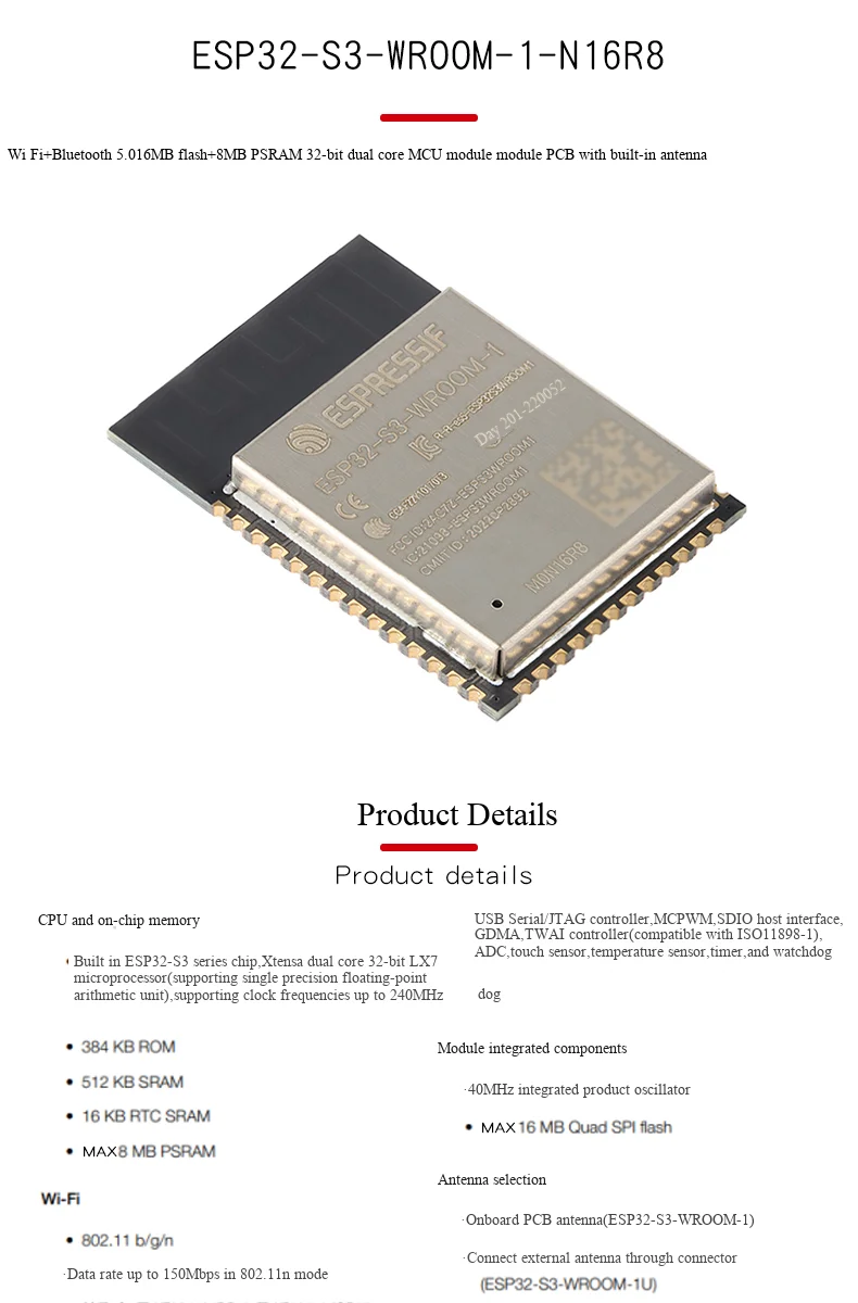 Original ESP32-S3-WROOM-1-N16R8 Wi-Fi + Bluetooth 5.0 16MB 32-Bit Dual-Core MCU-Modul – Detail 3