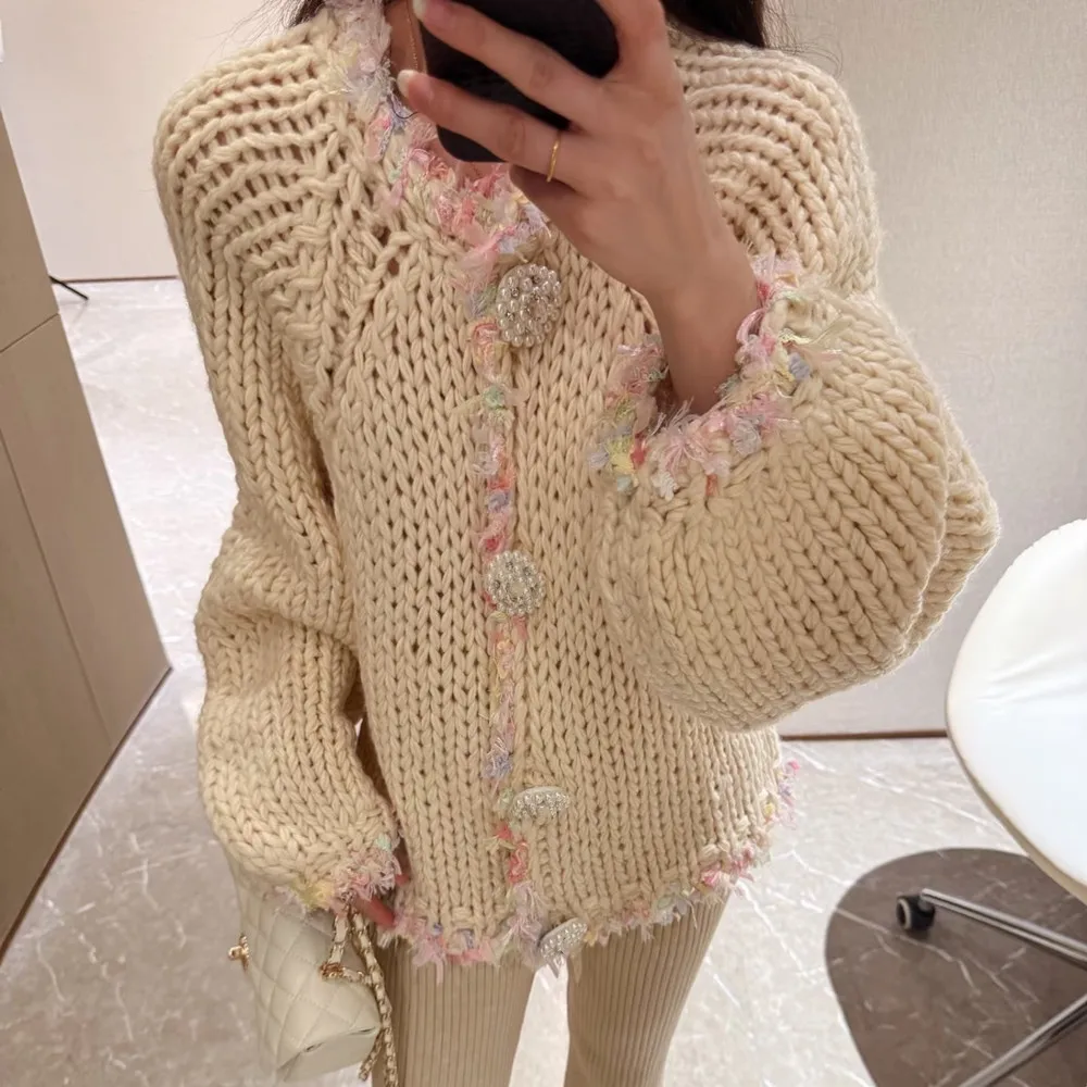 

Высококачественная версия, европейский свободный вязаный свитер, осень-зима, пальто, женский универсальный круглый открытый кардиган Thi Lon...