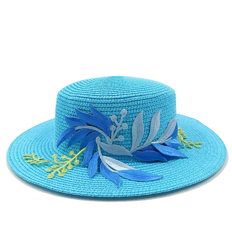 Summer straw hat embroidered leaf flat top men\'s and women\'s straw hat sun hat beach hat blue flat top straw hat кепка мужская