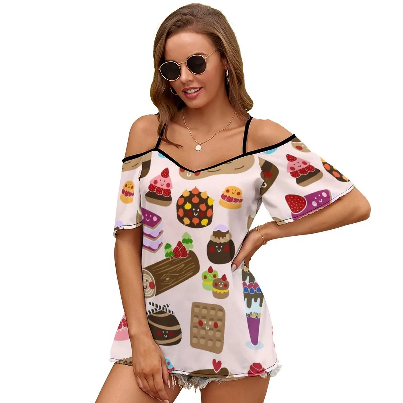 Sweet Tooth Sexy And Club Fashion Female T-Shirt Short Sleeve Off Shoulder Lady T Shirts Foodie Food Sweets Dessert Baking