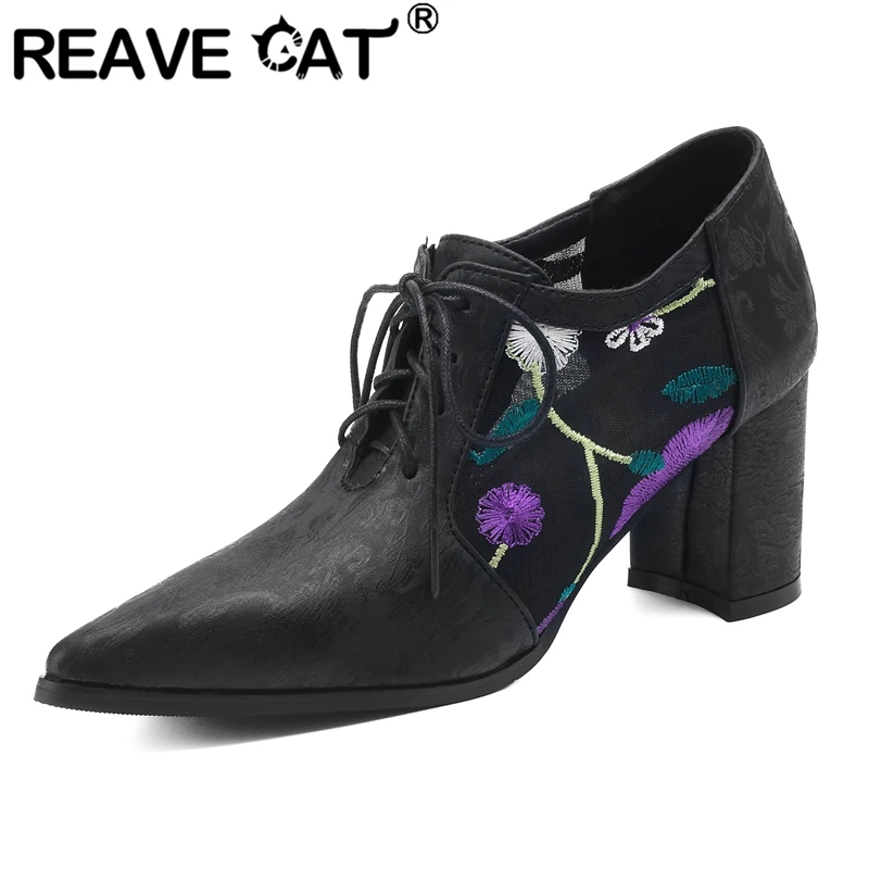 REAVE CAT Fashion Women Pumps Pointed Toe Block Heels 7cm Lace Up Mixed Color Embroider Big Size 41 42 43 Vintage Elegant Shoes