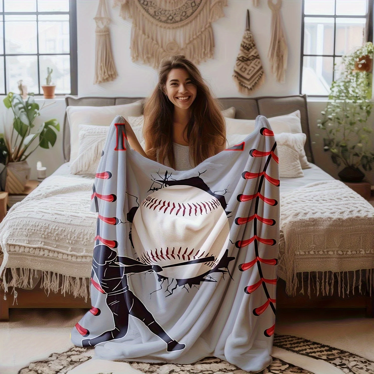 Customize Custom Name Baseball Fan Personalized Text Flannel Blanket 2D Flat Print Throw Blanket Personalized Text Content Suita