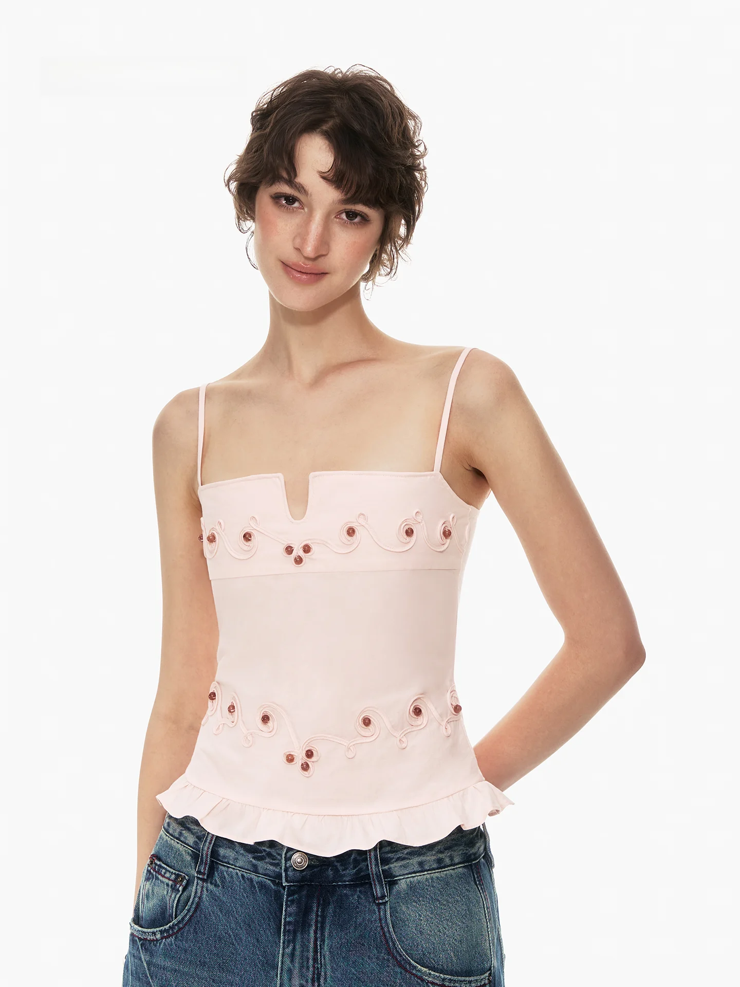 

Женский модный укороченный топ из чистого хлопка с V-образным вырезом, без бретелек, с вышивкой, приталенный, с цветочным узором, весенний сезон