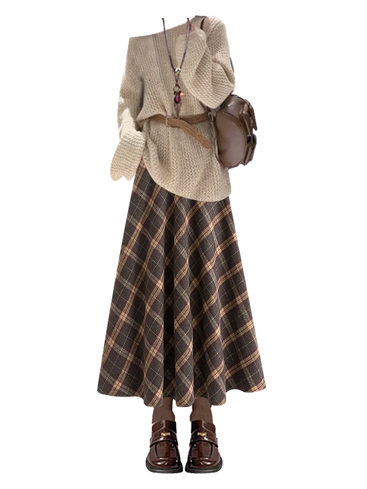 ชุดเซ็ตสองชิ้น เสื้อสเวตเตอร์ไหมพรมทรงหลวมสำหรับผู้หญิง ฤดูใบไม้ร่วง ฤดูหนาว กระโปรงลายสก็อตเอวสูง ดีไซน์ใหม่ สไตล์ลำลอง เสื้อสเวตเตอร์คอกลม