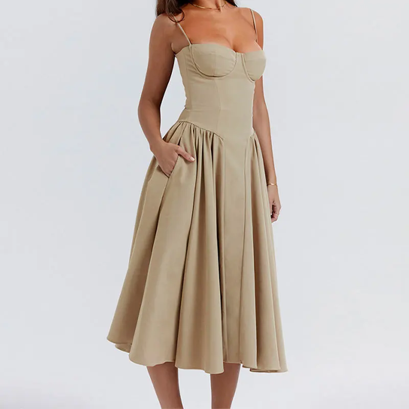 Spaghetti-Träger-Midikleid mit Herzausschnitt und Taschen, eleganter A-Linien-Schwingrock, formelles Abendkleid für Damen – Detail 6