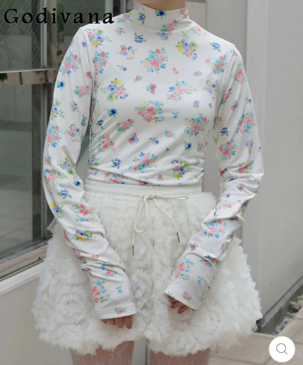 

Japanese Style Floral Print Sweet Bottom Tops Autumn New 2025 Women's Slim-Fit Thin Long Sleeve Tops T-Shirt Pullover Mujer