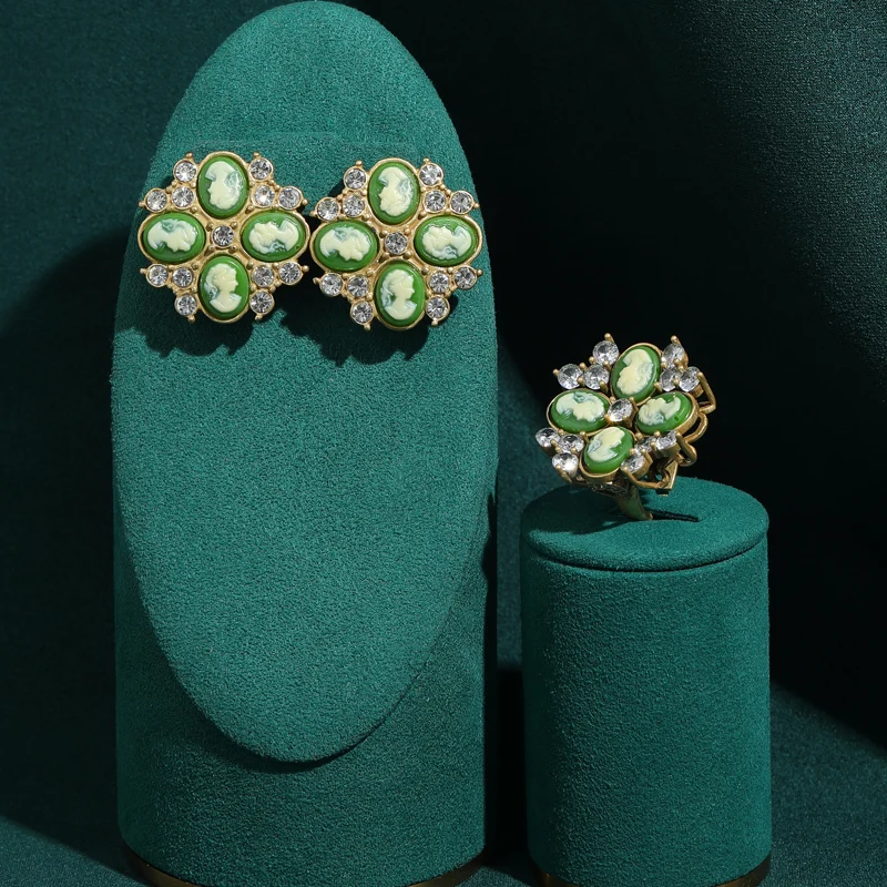 

Vintage Cameo Jewelry Set Women Natural Stone Luxury Brands Portrait Beauty Head Green Sunflower Earrings And Ring 2026 New