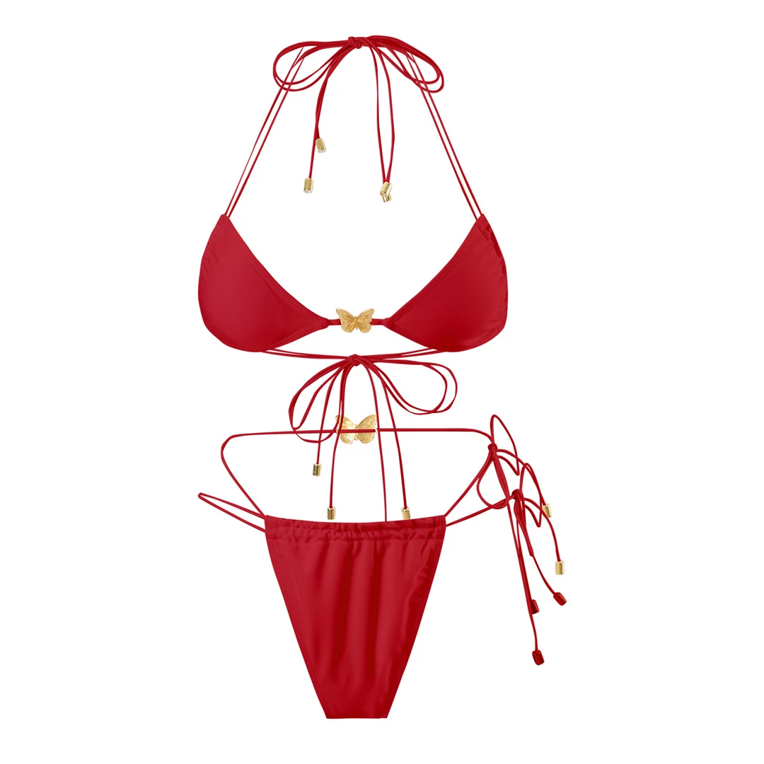 Metall-Schmetterlings-Halterneck-Bikini mit hohem Beinausschnitt, zweiteiliger Damen-Bikini, Badeanzug, Badebekleidung, Badeanzug, Schwimm-Bikini V6460 – Detail 22